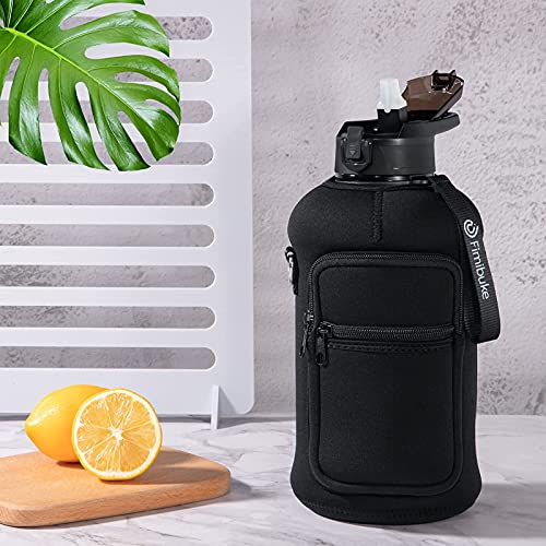 Half Gallon Water Bottle with Sleeve 64 OZ Water Bottle with Handle & Straw Leakproof Motivational Sports Gym Water Bottle with Time Marker BPA Free Water Jug with Neoprene Holder