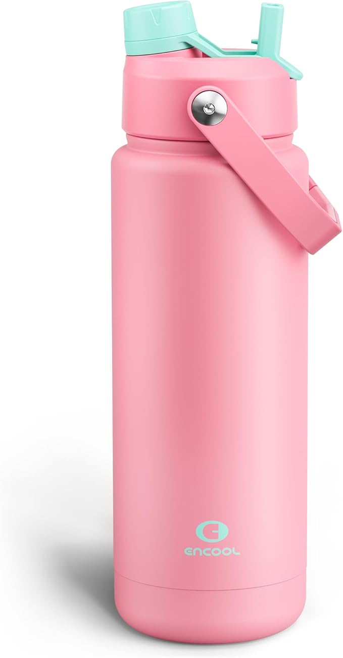 ENCOOL Insulated Water Bottle with Straw Stainless Steel Water Bottle, Leak-Proof, BPA-Free, Double Wall Vacuum Keeps Cold for 24 Hours for Sports, Travel, School (32 oz, Tulip)