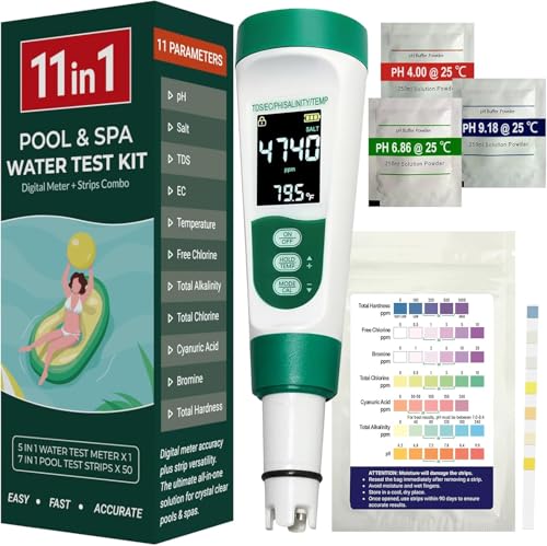 11-in-1 Digital Pool Water Tester Kit Including 5-in-1 Salt Tester for Saltwater Pool & 7-in-1 Pool Test Strips(50 Strips), Test pH Salinity TDS EC Temp Chlorine Bromine Alkalinity Hardness