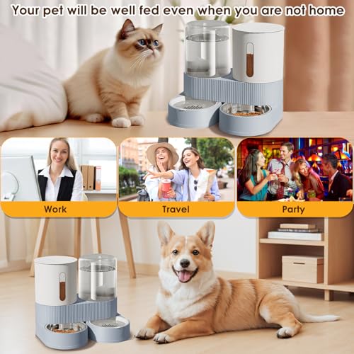 Automatic Gravity Cat Dog Feeder and Water Dispenser with 304 Stainless Steel Bowls 2 in 1 360 Degree Rotatable Auto 2.4L Dry Food and 2.6L Water Bowl for Small Medium Pet Dog Puppy Kitten