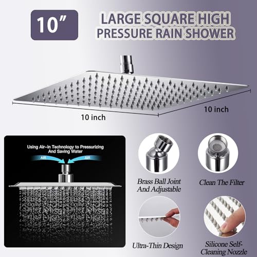 10" High Pressure Square Rainfall Shower Head and 2