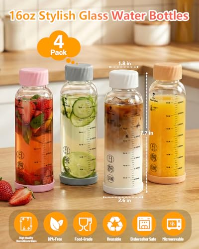 Borosilicate Glass Water Bottles with Stainless Steel Lid 12 oz (6 Count)