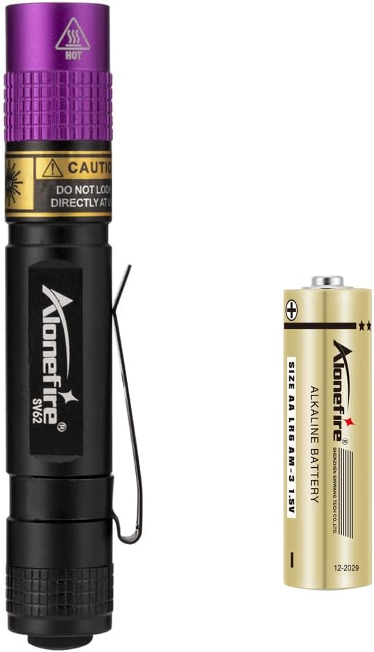 Alonefire SV62 Mini 3W UV Flashlight 365nm Portable Ultraviolet Black Light Very Small EDC for Minerals, Pet Urine Detector, Scorpions, Finding Stains, Money Detection with AAA Battery Easy to Replace