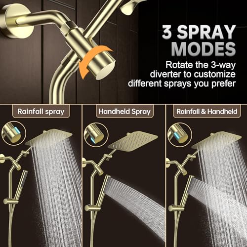All Metal 10" Luxurious Brushed Gold Rain Shower Head with Handheld