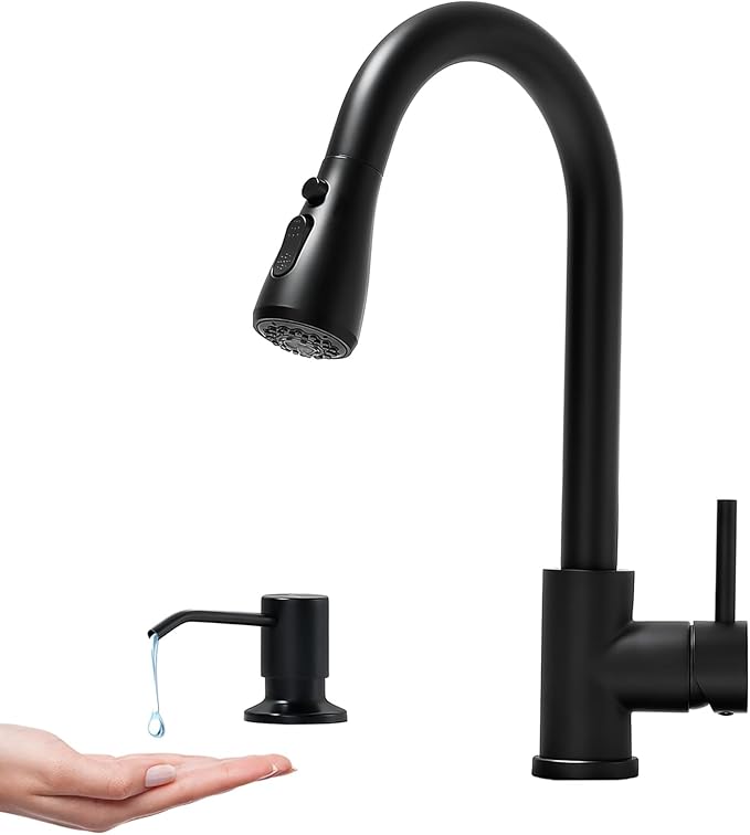 VFAUOSIT Black Kitchen Faucet with Soap Dispenser, 3-Mode Kitchen Sink Faucet with Pull Down Sprayer Stainless Steel Single Handle Faucet One Hole Kitchen Faucets for Bar Laundry RV Utility Sink