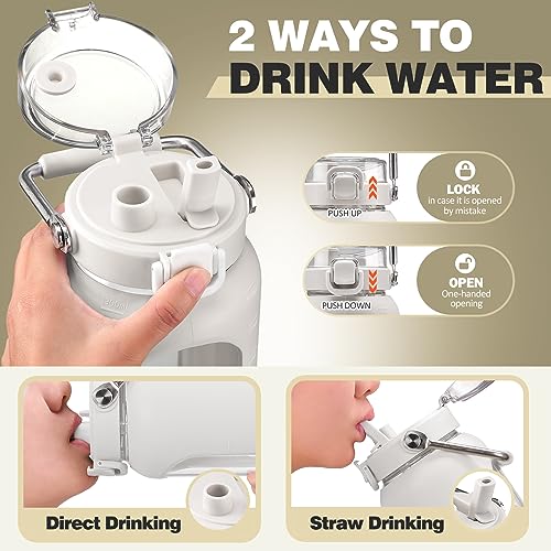 64oz Water Bottle Glass with Stainless Steel Handle Large Water Bottle with Time Markers and Silicone Sleeve Half Gallon Water Jug BPA Free for Gym Daily Use