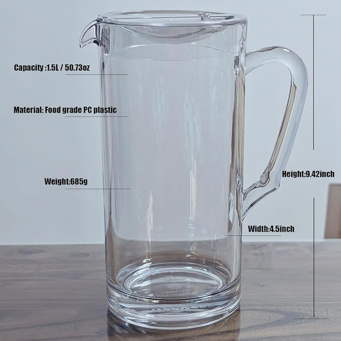 Clear Plastic Pitcher with Lid and Ergonomic Handle