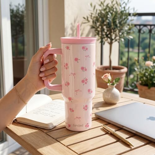 Rose Stainless Steel Locking Lid Silicone Straw Tumbler with Handle 40oz