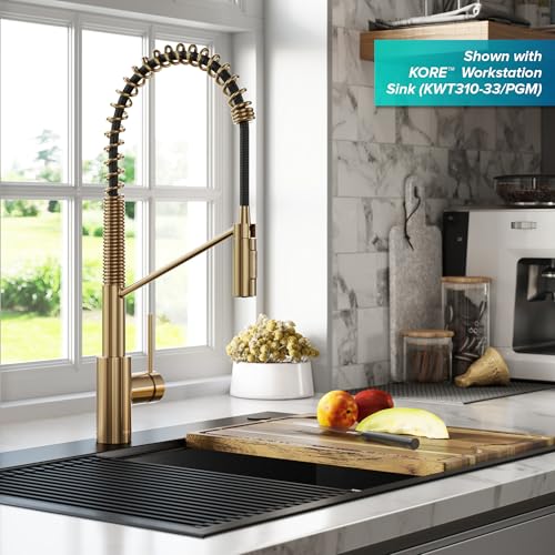 Oletto Commercial Style Single Handle Pull Down Kitchen Faucet with QuickDock Top Mount Installation Assembly in Brushed Brass