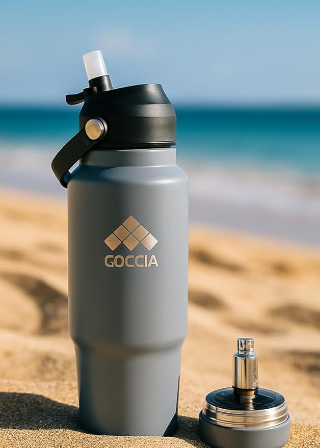 Sip & Scent 2-in-1 Smart Design 30 oz Insulated Water Bottle with Straw and Spout Lids and Refillable Perfume Container – 3-Layer Copper-Core, Leak-Proof Stainless Steel Water Bottle (Gray)