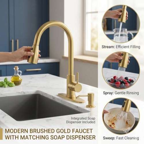 Brushed Gold Kitchen Faucet with Soap Dispenser