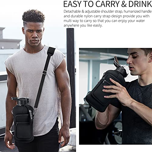 Half Gallon Water Bottle with Sleeve 64 OZ Water Bottle with Handle & Straw Leakproof Motivational Sports Gym Water Bottle with Time Marker BPA Free Water Jug with Neoprene Holder
