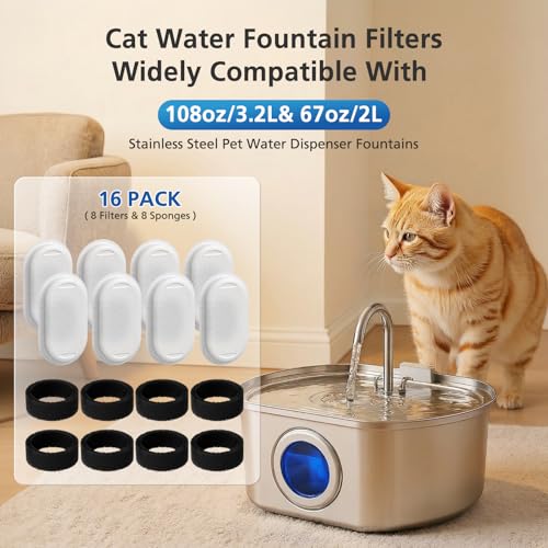 16 Pack Cat Water Fountain Filters for Stainless Steel Pet Water Dispenser (16 Count)