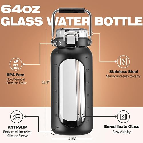 64oz Water Bottle Glass with Stainless Steel Handle Large Water Bottle with Time Markers and Silicone Sleeve Half Gallon Water Jug BPA Free for Gym Daily Use