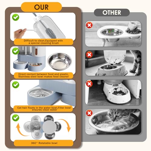 Automatic Gravity Cat Dog Feeder and Water Dispenser with 304 Stainless Steel Bowls 2 in 1 360 Degree Rotatable Auto 2.4L Dry Food and 2.6L Water Bowl for Small Medium Pet Dog Puppy Kitten