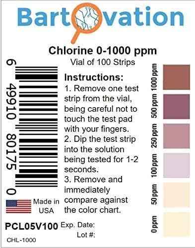 Free Chlorine/Bleach Test Strips, 0-1000 ppm [Vial of 100 Strips]