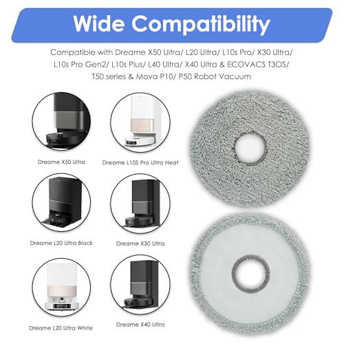 4 Pack) L40 Ultra Replacement Mop Pads for Dreame X50 Ultra/ X40 Ultra/ X30 Ultra/ L10s Ultra/ L10s Pro Gen 2/ L10s Pro Ultra/ L10s Plus/ Mova P10 Pro Ultra Robot Vacuum, Replacement Mop Cloths (4 Count)