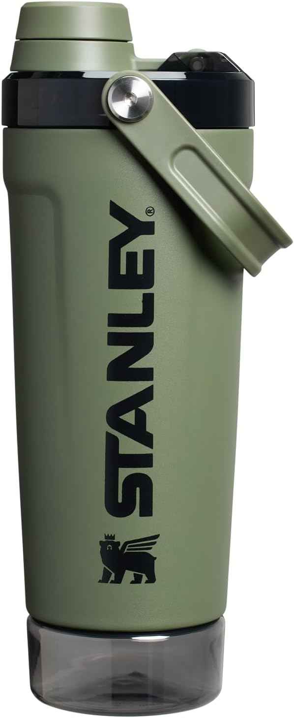 STANLEY Vitalize Shaker Bottle 20 oz | Leakproof Insulated Stainless Steel Shaker Cup | Base Storage and Twist On Fast Flow Lid | Protein Shakes and Pre Workout Powder | BPA-Free | Dried Pine