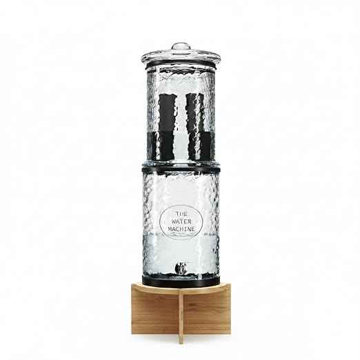The Water Machine All Glass Purifier - Gravity Fed Water Filtration System with Activated Carbon Filters, Off Grid Emergency & Home Survival Portable Countertop Filter with Wooden Stand - 3 Gallon