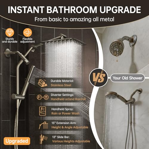 All Metal 10" Luxurious Brushed Nickel Rain Shower Head with Handheld