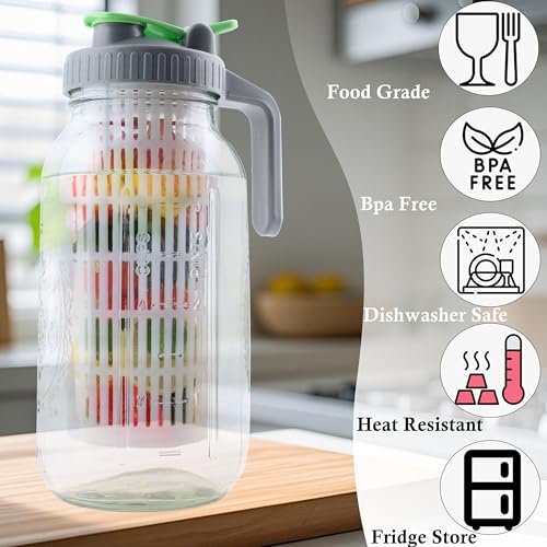 Glass Mason Jar Water Fruit Infuser Pitcher With Lid 64 Oz Wide Mouth Tea Infused Pitchers 2 Quart Sun Tea Jar For Outside Half Gallon Iced Coffee Tea Lemonade Juice Homemade Drinks Container
