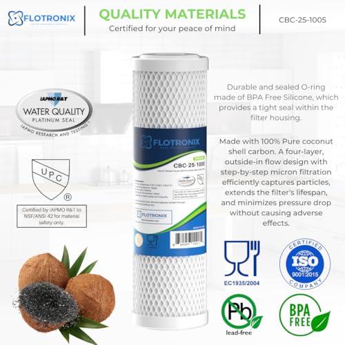 Flotronix 5 Micron 2.5" x 10" Whole House CTO Carbon Sediment Water Filter Cartridge (4 Count)