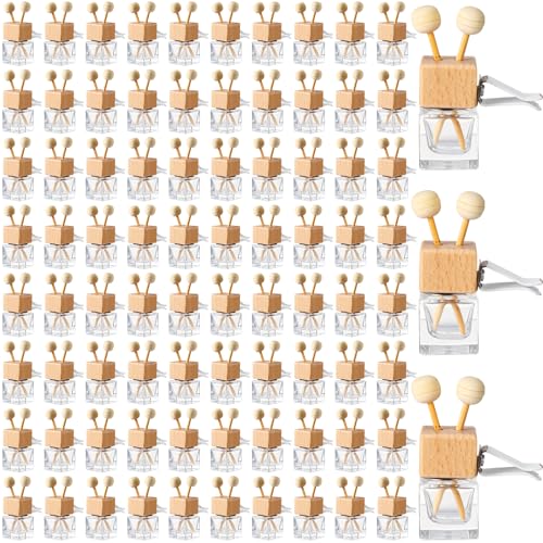 100 Pcs Car Diffuser Bottles Empty Bulk Vent Clip Car Air Freshener Diffuser for Essential Oil Perfume Glass Bottle with Wooden Caps Stick Fragrance Ornament (27 Fl Oz)