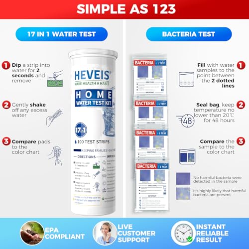 21-in-1 Home Drinking Water Testing Kit - 120 Strips + 4 Bacteria Tests - Tap and Well Water Test Kit, Easy to Test and Read for Hardness, Lead, Iron, Fluoride, pH, Copper, Bacteria and More (124 Count)