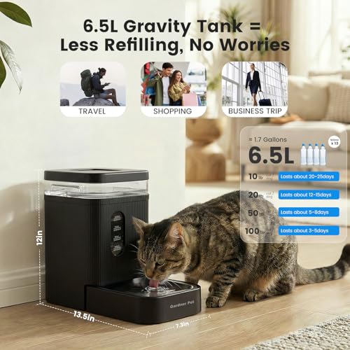 1.7 Gallon Automatic Dog Water Bowl Dispenser 6.5L Gravity Water Feeder with Stainless Steel Bowl & Maifan Stone Filter