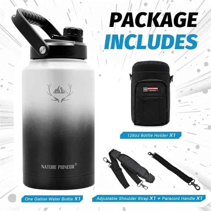 NATURE PIONEOR 1 Gallon Insulated Water Bottle - Double Vacuum Stainless Steel 128 oz Water Bottle with Holder/Carrier, Wide Mouth 1 gallon Water Jug for Outdoor Sports, Hiking, Camping, Gym