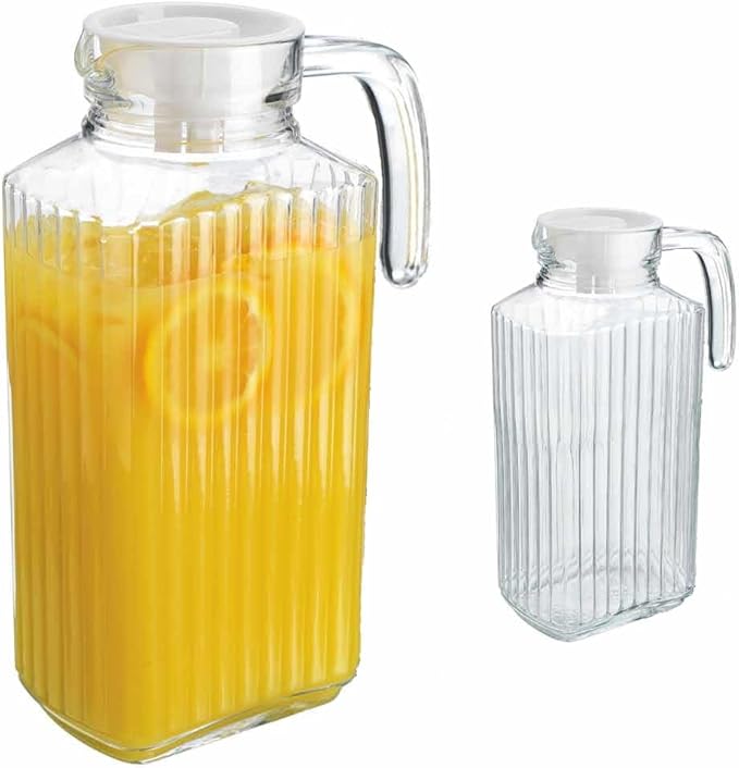 Home Essentials & Beyond Fridge Pitcher Set of 2 - 60 OZ. Glass Water Pitcher With Lid, Practical and Easy to Use, Great for Lemonade, Iced Tea, Milk, Cocktails and More Beverages
