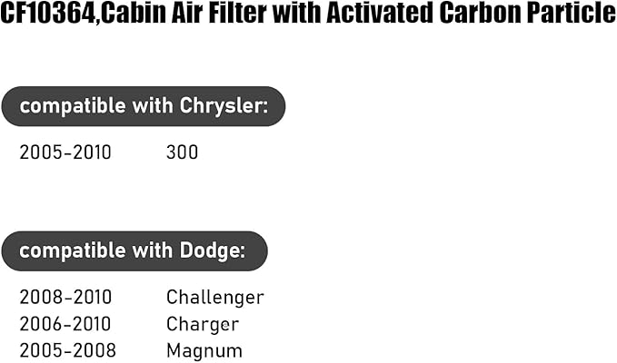 CF10364,Cabin Air Filter with activated carbon particle for Dodge,2008-2010 Challenger,2006-2010 Charger,2005-2008 Magnum.Chrysler,2005-2010 300.04596501AB,4596501AB,4596501AC,82209548,CF1064.