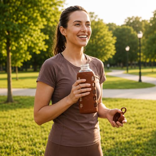 40oz / 32oz / 22oz / 12oz Borosilicate Glass Water Bottle with Time & Volume Markers, Silicone Sleeve, Stainless Steel Lid | Reusable Glass Bottle for Water & Juice (22oz Earth Brown)