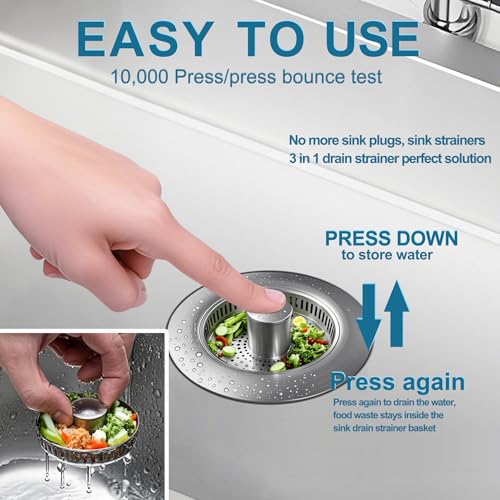 3-in-1 Kitchen Sink Drain Strainer & Stopper, Stainless Steel Food Catcher Plug with Filter Basket, Fits 3-1/2 Inch Drain Hole, Universal Sink Protector Cover, Anti-Clogging, Silver (Sus304, 1 Pack)