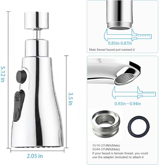 360° Rotating Faucet Aerator, Three-Function Kitchen Sink Sprayer Attachment – Standard 55/64'' Female Thread, Easy-Install Faucet Replacement Part（Adapter Included）