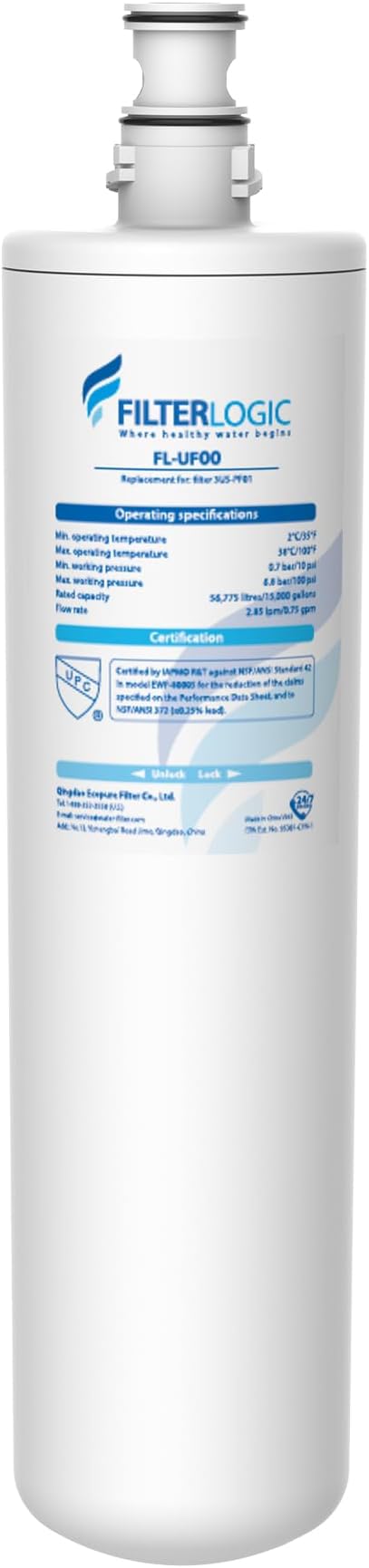 Filterlogic 3US-PF01 Replacement Filter, Replacement for Filtrete® 3US-PF01, 3US-MAX-F01H, 3US-PF01H, Delta RP78702, Manitowoc K-00337, K-00338, HF20, HF25, HF27, HF25-S, HF20-I, Pack of 1