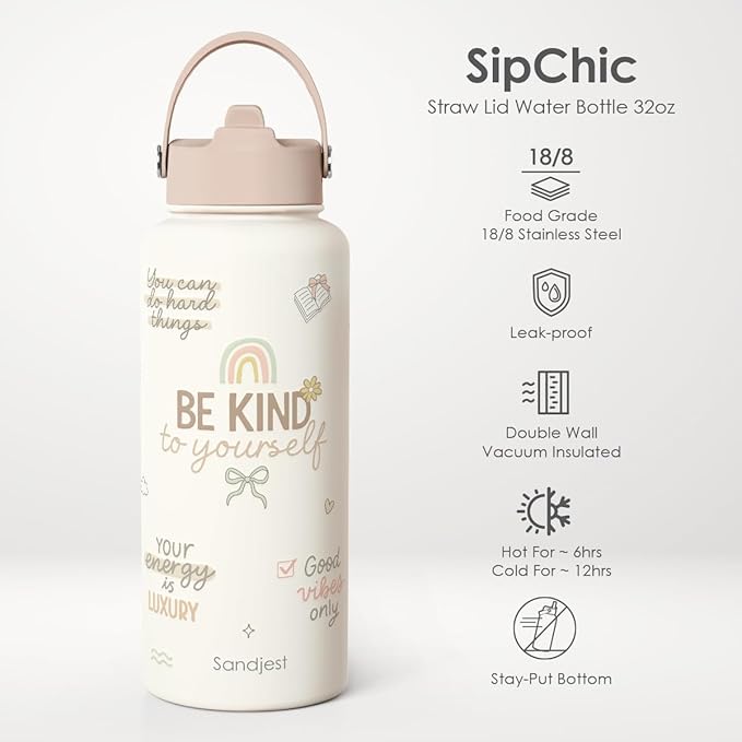 Inspirational Gift for Women, Water Bottle Stainless Steel 32oz with Lid & Straw, Positive Affirmations Insulated Bottles Gifts for Girls Friends Teens Birthday Christmas