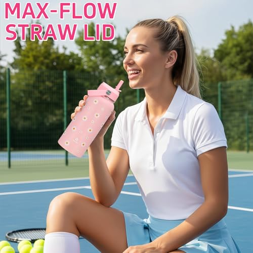 32oz Pink Daisy Insulated Water Bottle for Women with Straw
