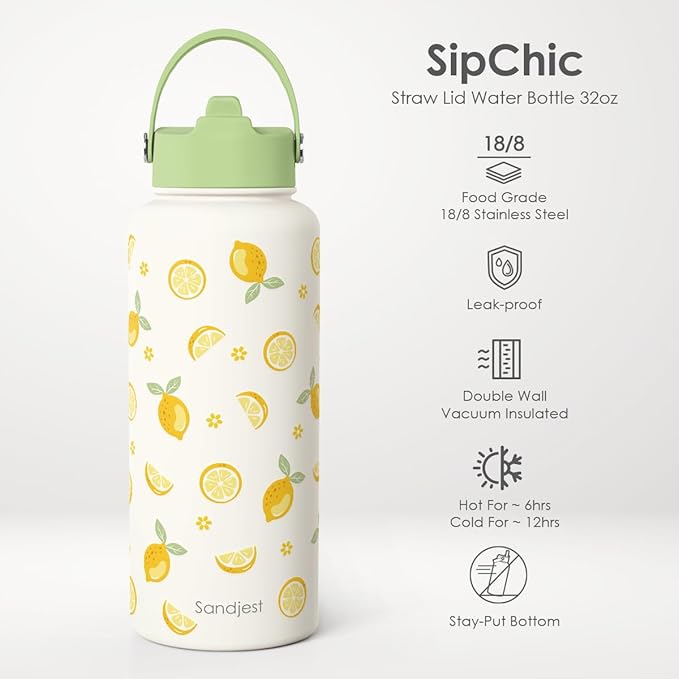 Lemon Water Bottle Stainless Steel 32oz with Lid & Straw, Insulated Bottles Gifts for Women Girls Friends Teens Birthday Christmas