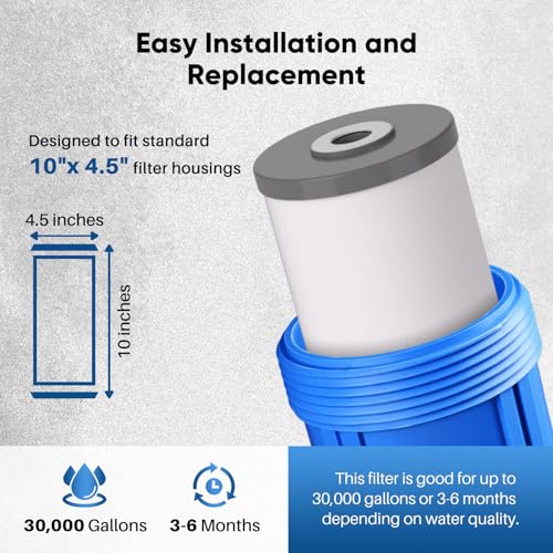 5 Micron 10" x 4.5" Whole House PP Sediment Carbon KDF Composite Heavy Metal Reduction Filter Cartridge for GE FXHTC (4 Count)