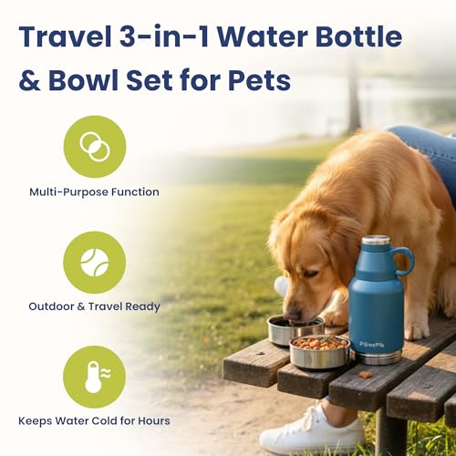 3-in-1 Travel Dog Water Bottle & Bowl Set, 32oz, Blue