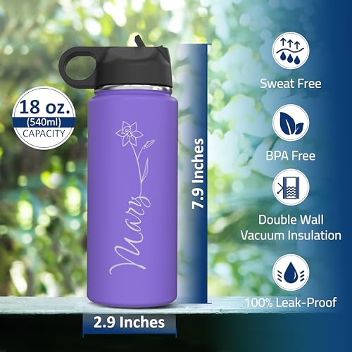 Personalized Birth Flower Name Insulated Stainless Steel Water Bottle 18 oz