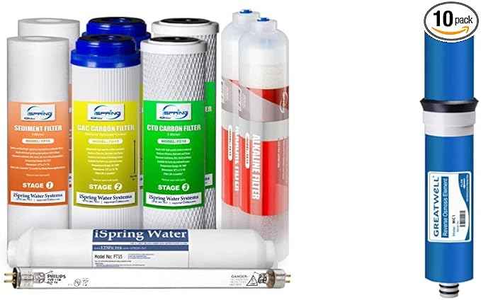 iSpring F10KU 1-Year Replacement Supply Filter Cartridge Pack Set for 7-Stage Alkaline Mineral UV Reverse Osmosis RO Systems, 10 Piece, White | iSpring Greatwell Reverse Osmosis Membrane 100 GPD 11.75” X 1.75”