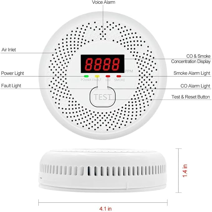 High Definition Color Screen Detector LCD Powered by Carbon Monoxide Detector and Smoke Alarm Battery (excluding Battery) (Compact Design, 4Pack-CO&Smoke)