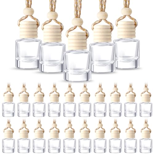 50 Pcs Hanging Car Freshener Car Diffuser Bottles with Wooden Caps Empty Glass Perfume Bottle Freshener Diffuser Bottle Pendant for Essential Oil Fragrance Aromatherapy Ornament (50 Count)