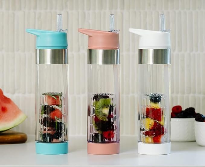 Infusion Pro Fruit Infuser Water Bottle with Straw Lid 24 oz : Flip-Up Straw : Insulated Sleeve & Fruit Infusion Water eBook : Bottom Loading Infuser for More Flavor - Cloud