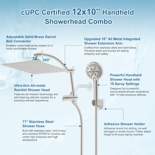 Metal 12" High Pressure Rain Shower Head Combo