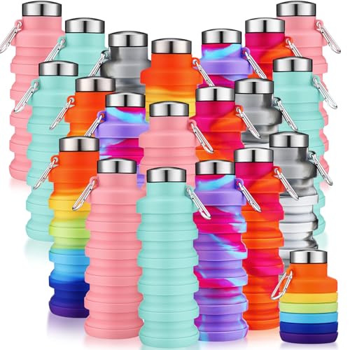 20 Pack Collapsible Water Bottles Bulk Foldable Water Bottles 17oz Silicone Portable Leak Proof Reusable Sports with Clip for Travel Hiking Camping Outdoor