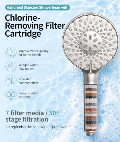 Filtered Shower Head with Handheld High Pressure 9 Spray Mode Showerhead Detachable Shower Head Water Softener Filters Beads for Hard Water Remove Chlorine 4 Filters Brushed Nickel
