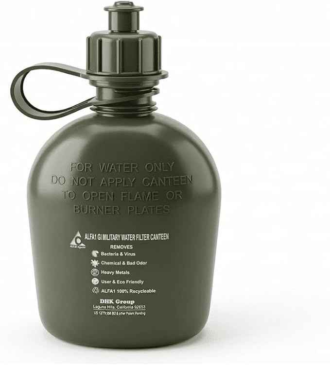ALFA1 OD GI Military Water Canteen 1 Quart/32oz (Green) | Improves Taste & Odor | Leak Proof BPA-Free Plastic | Camping, Hiking, Backpacking, Outdoor & Travel